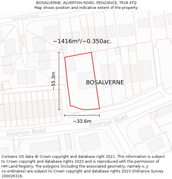 BOSALVERNE, ALVERTON ROAD, PENZANCE, TR18 4TQ: Plot and title map