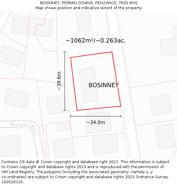 BOSINNEY, PERRAN DOWNS, PENZANCE, TR20 9HQ: Plot and title map