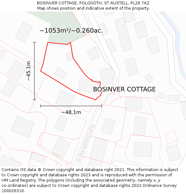 BOSINVER COTTAGE, POLGOOTH, ST AUSTELL, PL26 7AZ: Plot and title map