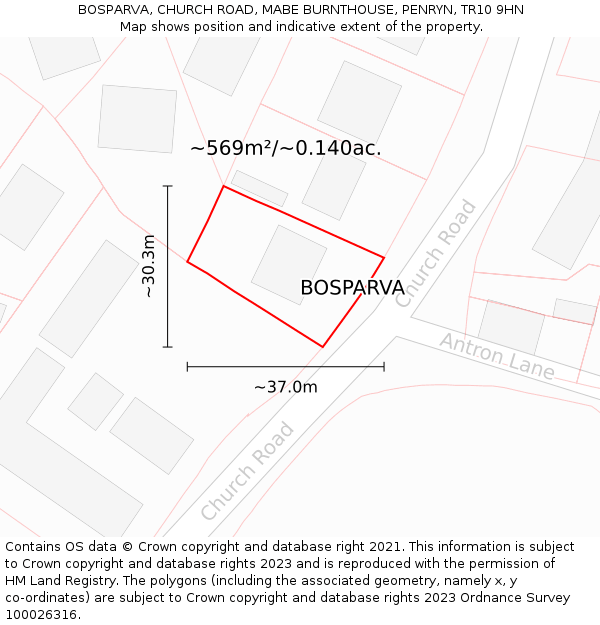 BOSPARVA, CHURCH ROAD, MABE BURNTHOUSE, PENRYN, TR10 9HN: Plot and title map