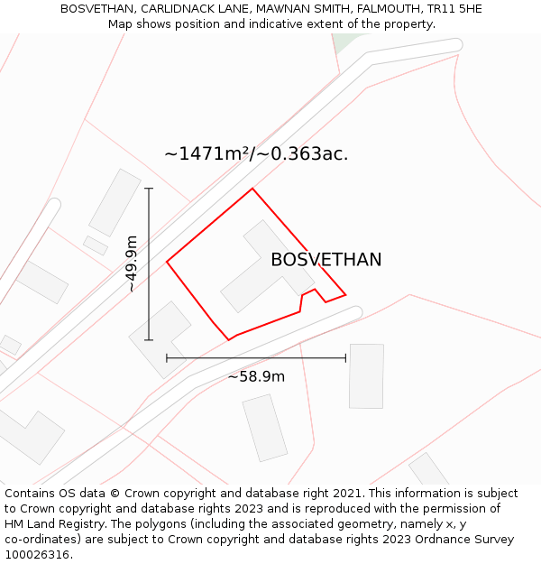 BOSVETHAN, CARLIDNACK LANE, MAWNAN SMITH, FALMOUTH, TR11 5HE: Plot and title map