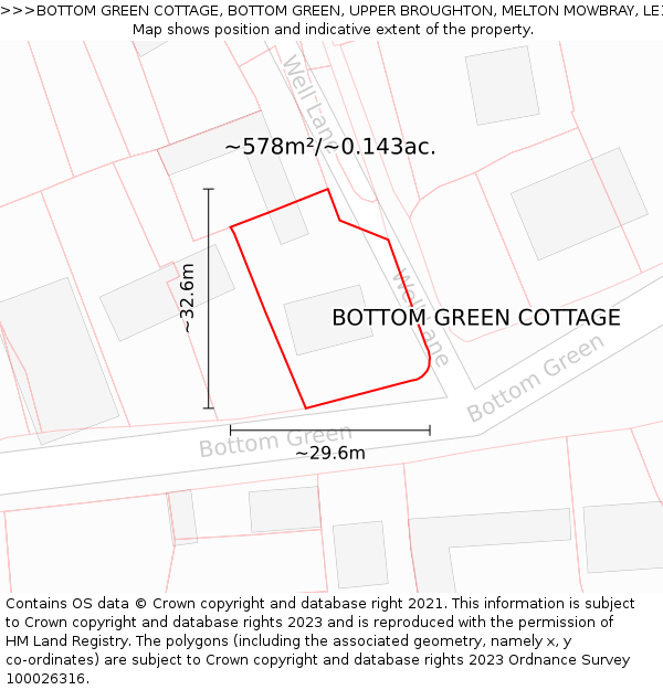 BOTTOM GREEN COTTAGE, BOTTOM GREEN, UPPER BROUGHTON, MELTON MOWBRAY, LE14 3BA: Plot and title map