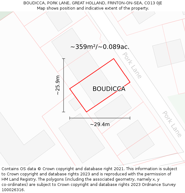 BOUDICCA, PORK LANE, GREAT HOLLAND, FRINTON-ON-SEA, CO13 0JE: Plot and title map