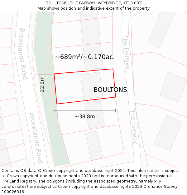 BOULTONS, THE FAIRWAY, WEYBRIDGE, KT13 0RZ: Plot and title map