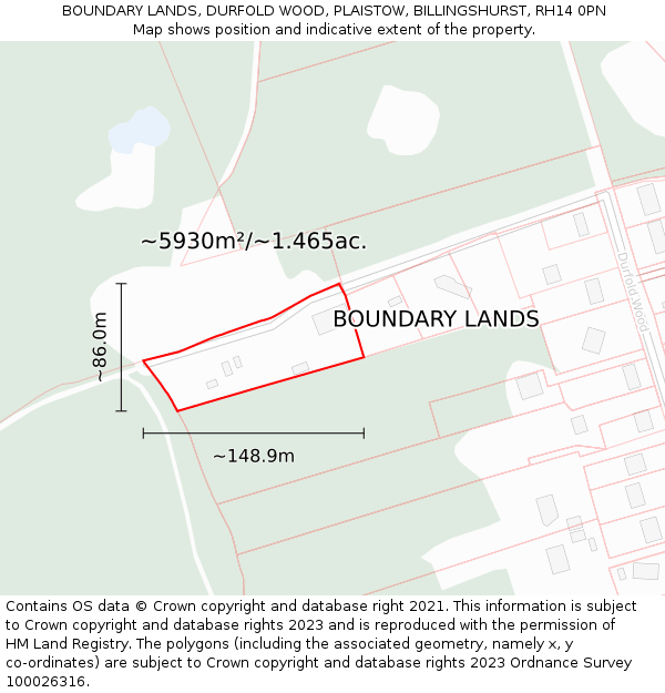 BOUNDARY LANDS, DURFOLD WOOD, PLAISTOW, BILLINGSHURST, RH14 0PN: Plot and title map