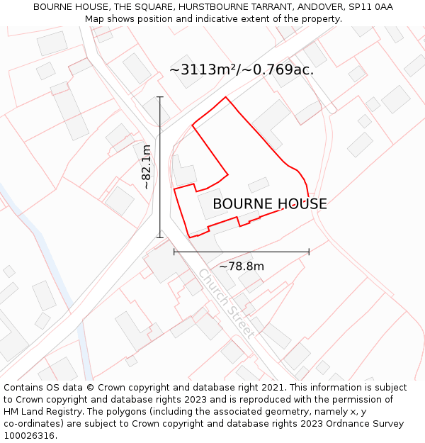 BOURNE HOUSE, THE SQUARE, HURSTBOURNE TARRANT, ANDOVER, SP11 0AA: Plot and title map