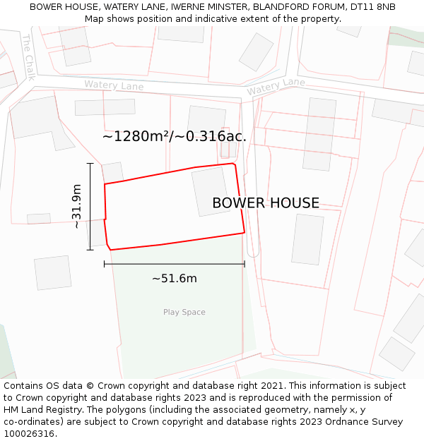 BOWER HOUSE, WATERY LANE, IWERNE MINSTER, BLANDFORD FORUM, DT11 8NB: Plot and title map