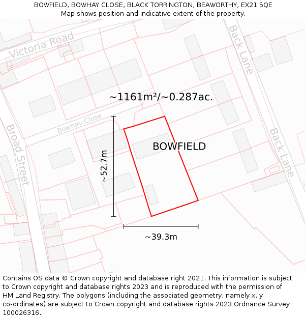 BOWFIELD, BOWHAY CLOSE, BLACK TORRINGTON, BEAWORTHY, EX21 5QE: Plot and title map