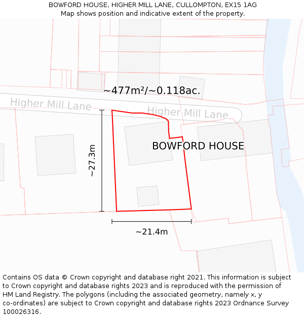 BOWFORD HOUSE, HIGHER MILL LANE, CULLOMPTON, EX15 1AG: Plot and title map