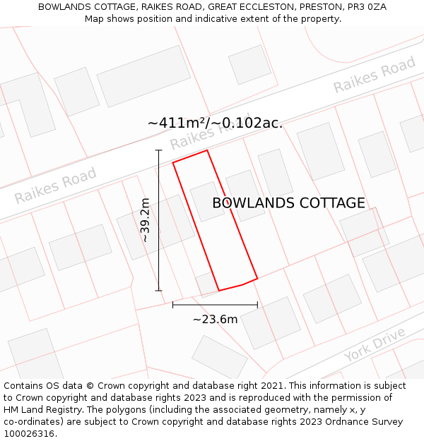 BOWLANDS COTTAGE, RAIKES ROAD, GREAT ECCLESTON, PRESTON, PR3 0ZA: Plot and title map