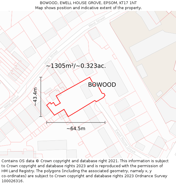 BOWOOD, EWELL HOUSE GROVE, EPSOM, KT17 1NT: Plot and title map