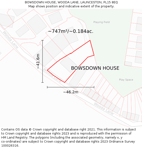BOWSDOWN HOUSE, WOODA LANE, LAUNCESTON, PL15 8EQ: Plot and title map