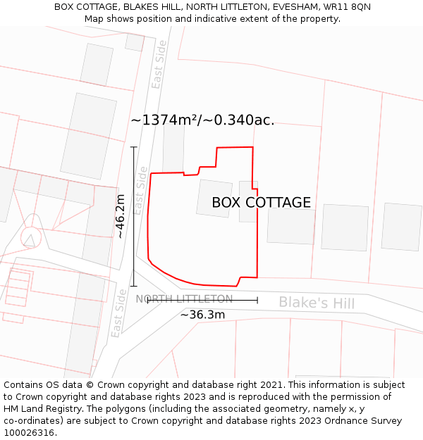 BOX COTTAGE, BLAKES HILL, NORTH LITTLETON, EVESHAM, WR11 8QN: Plot and title map