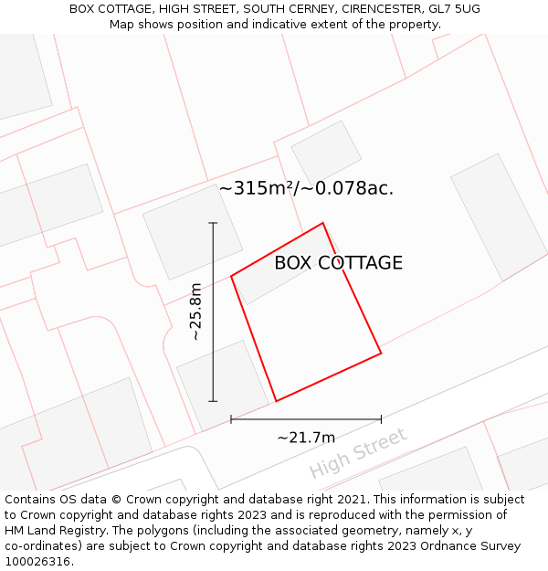 BOX COTTAGE, HIGH STREET, SOUTH CERNEY, CIRENCESTER, GL7 5UG: Plot and title map