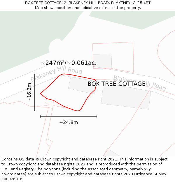 BOX TREE COTTAGE, 2, BLAKENEY HILL ROAD, BLAKENEY, GL15 4BT: Plot and title map