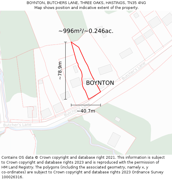 BOYNTON, BUTCHERS LANE, THREE OAKS, HASTINGS, TN35 4NG: Plot and title map