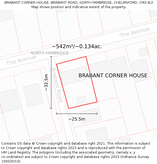 BRABANT CORNER HOUSE, BRABANT ROAD, NORTH FAMBRIDGE, CHELMSFORD, CM3 6LY: Plot and title map