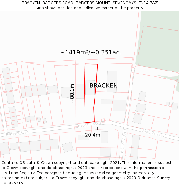 BRACKEN, BADGERS ROAD, BADGERS MOUNT, SEVENOAKS, TN14 7AZ: Plot and title map