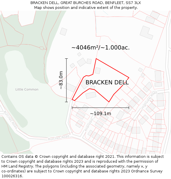 BRACKEN DELL, GREAT BURCHES ROAD, BENFLEET, SS7 3LX: Plot and title map