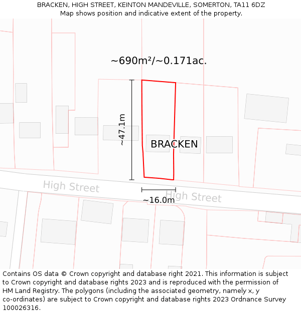 BRACKEN, HIGH STREET, KEINTON MANDEVILLE, SOMERTON, TA11 6DZ: Plot and title map