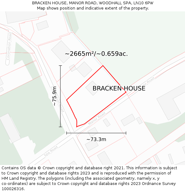 BRACKEN HOUSE, MANOR ROAD, WOODHALL SPA, LN10 6PW: Plot and title map