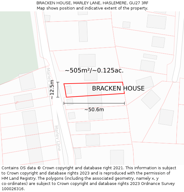BRACKEN HOUSE, MARLEY LANE, HASLEMERE, GU27 3RF: Plot and title map