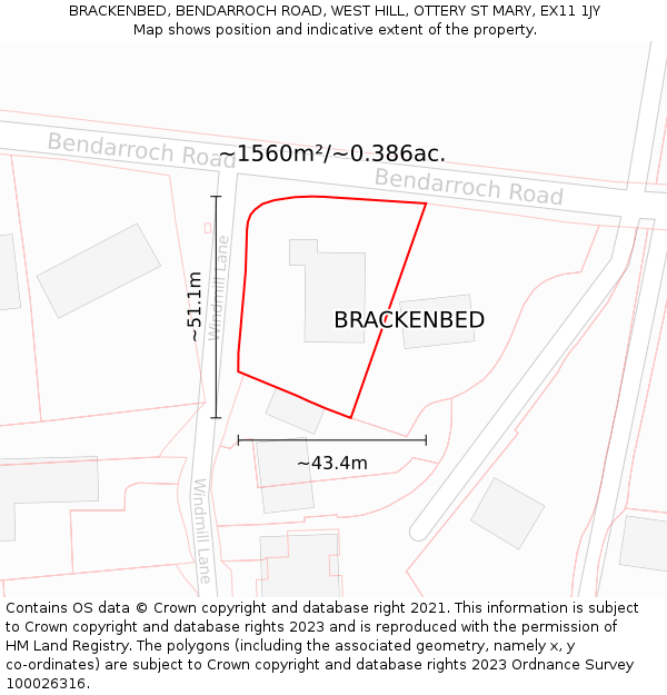 BRACKENBED, BENDARROCH ROAD, WEST HILL, OTTERY ST MARY, EX11 1JY: Plot and title map