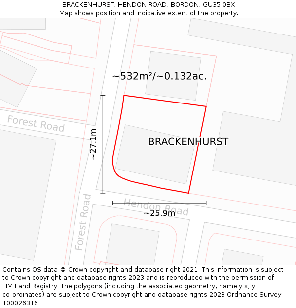 BRACKENHURST, HENDON ROAD, BORDON, GU35 0BX: Plot and title map