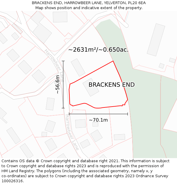 BRACKENS END, HARROWBEER LANE, YELVERTON, PL20 6EA: Plot and title map