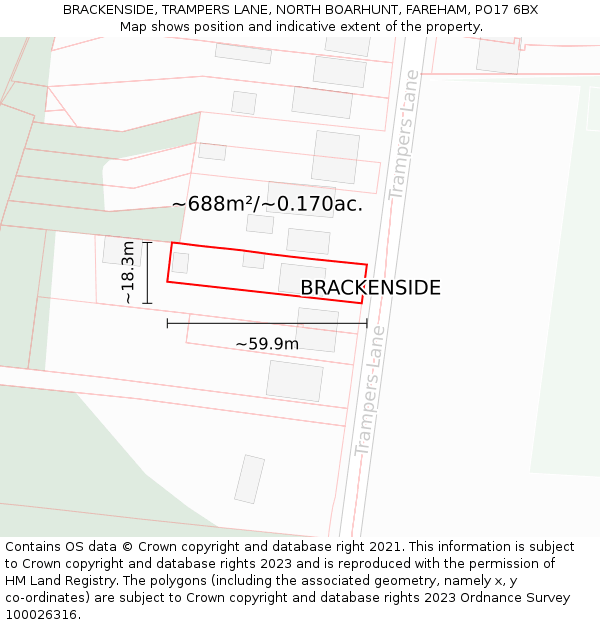 BRACKENSIDE, TRAMPERS LANE, NORTH BOARHUNT, FAREHAM, PO17 6BX: Plot and title map