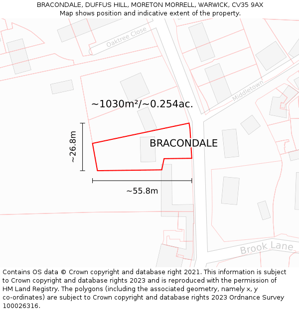 BRACONDALE, DUFFUS HILL, MORETON MORRELL, WARWICK, CV35 9AX: Plot and title map