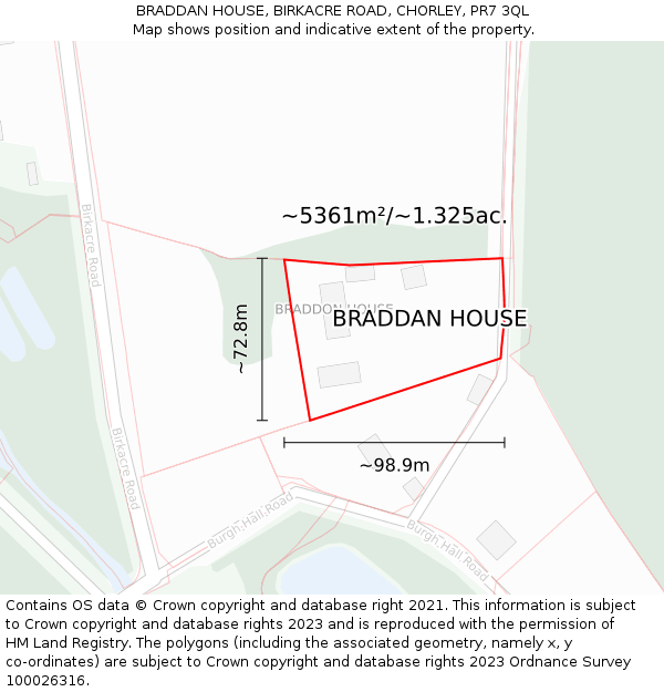 BRADDAN HOUSE, BIRKACRE ROAD, CHORLEY, PR7 3QL: Plot and title map