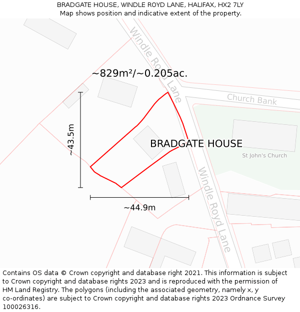 BRADGATE HOUSE, WINDLE ROYD LANE, HALIFAX, HX2 7LY: Plot and title map