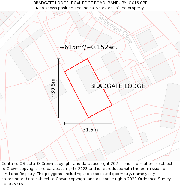 BRADGATE LODGE, BOXHEDGE ROAD, BANBURY, OX16 0BP: Plot and title map