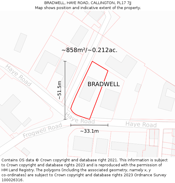 BRADWELL, HAYE ROAD, CALLINGTON, PL17 7JJ: Plot and title map