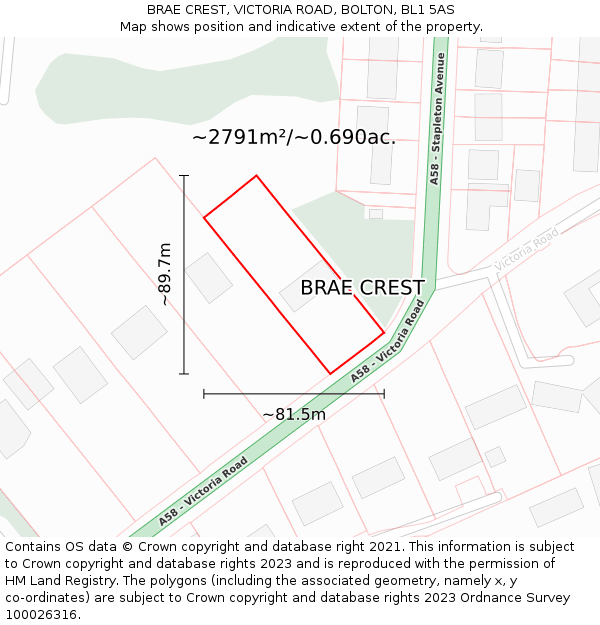 BRAE CREST, VICTORIA ROAD, BOLTON, BL1 5AS: Plot and title map