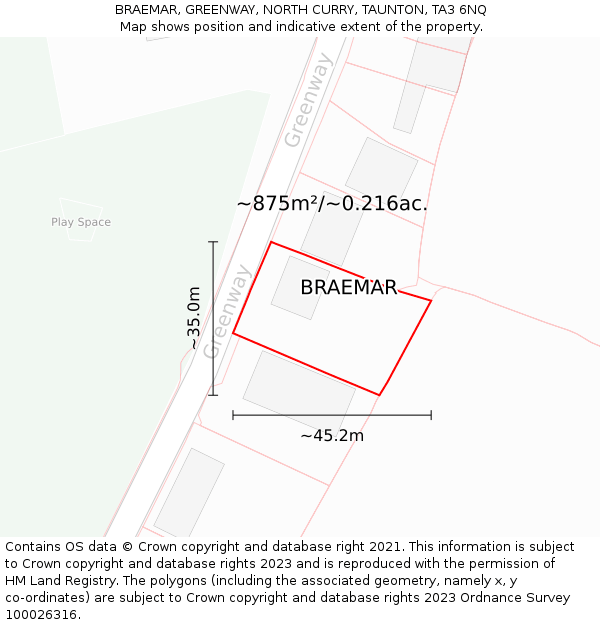 BRAEMAR, GREENWAY, NORTH CURRY, TAUNTON, TA3 6NQ: Plot and title map