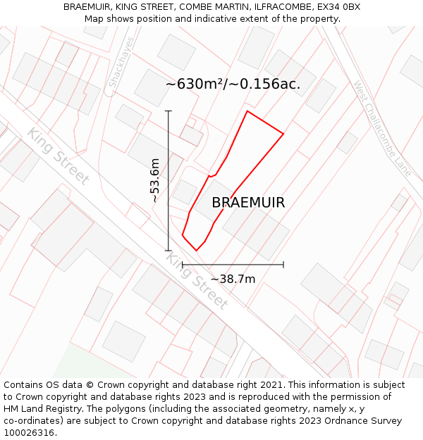 BRAEMUIR, KING STREET, COMBE MARTIN, ILFRACOMBE, EX34 0BX: Plot and title map