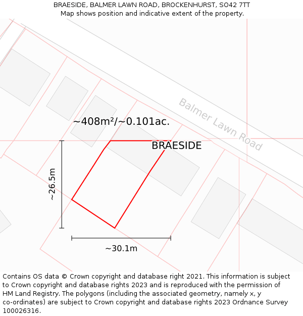 BRAESIDE, BALMER LAWN ROAD, BROCKENHURST, SO42 7TT: Plot and title map