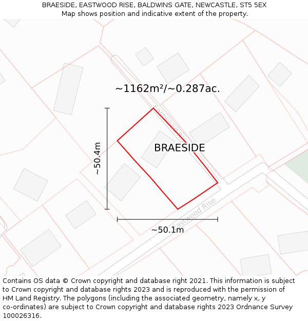 BRAESIDE, EASTWOOD RISE, BALDWINS GATE, NEWCASTLE, ST5 5EX: Plot and title map