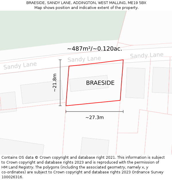 BRAESIDE, SANDY LANE, ADDINGTON, WEST MALLING, ME19 5BX: Plot and title map