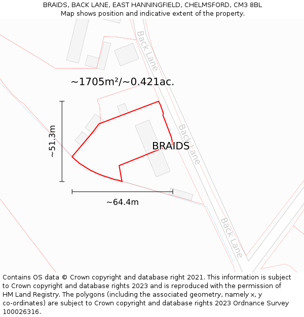 BRAIDS, BACK LANE, EAST HANNINGFIELD, CHELMSFORD, CM3 8BL: Plot and title map