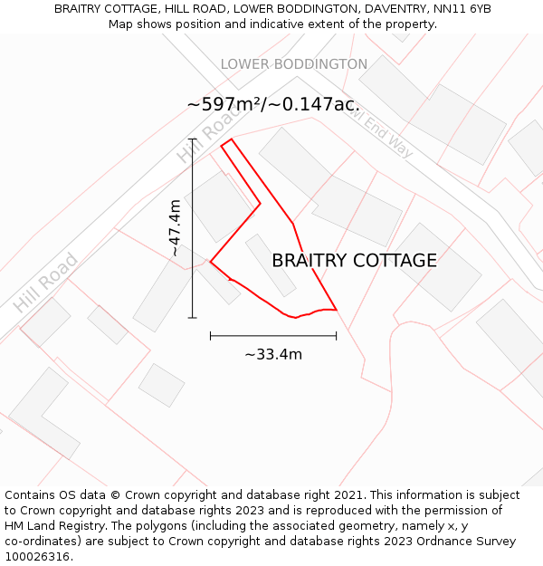 BRAITRY COTTAGE, HILL ROAD, LOWER BODDINGTON, DAVENTRY, NN11 6YB: Plot and title map