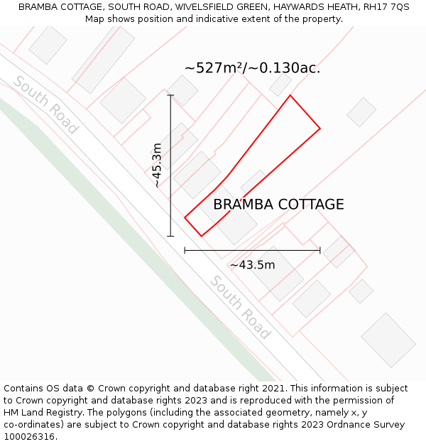 BRAMBA COTTAGE, SOUTH ROAD, WIVELSFIELD GREEN, HAYWARDS HEATH, RH17 7QS: Plot and title map