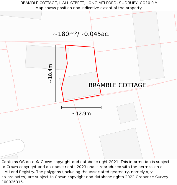 BRAMBLE COTTAGE, HALL STREET, LONG MELFORD, SUDBURY, CO10 9JA: Plot and title map