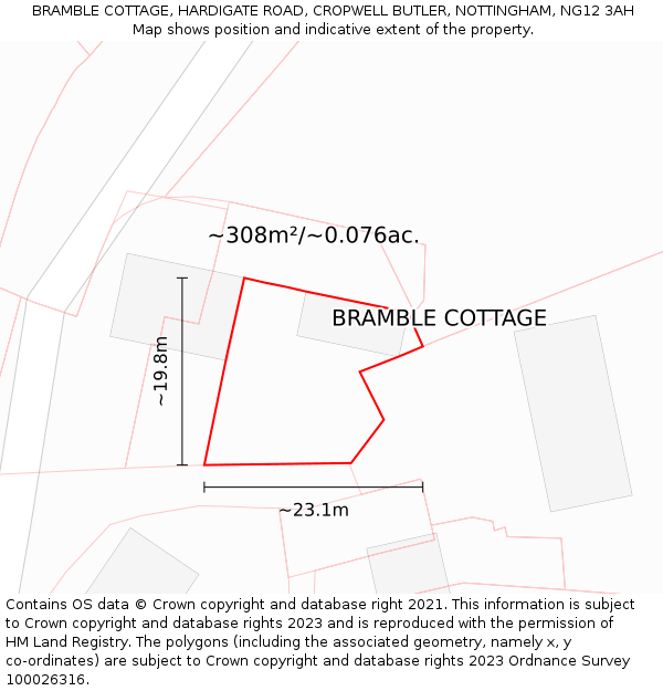 BRAMBLE COTTAGE, HARDIGATE ROAD, CROPWELL BUTLER, NOTTINGHAM, NG12 3AH: Plot and title map
