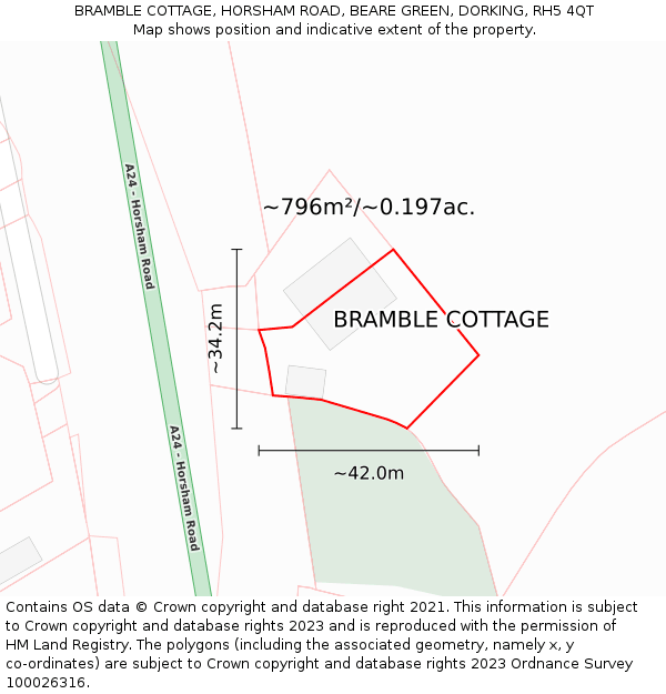 BRAMBLE COTTAGE, HORSHAM ROAD, BEARE GREEN, DORKING, RH5 4QT: Plot and title map