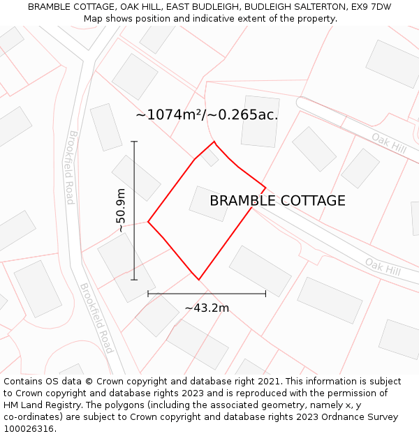 BRAMBLE COTTAGE, OAK HILL, EAST BUDLEIGH, BUDLEIGH SALTERTON, EX9 7DW: Plot and title map