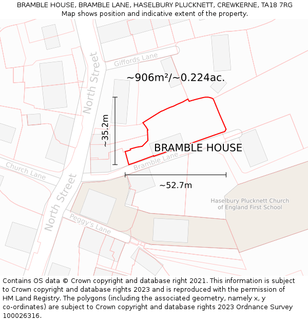 BRAMBLE HOUSE, BRAMBLE LANE, HASELBURY PLUCKNETT, CREWKERNE, TA18 7RG: Plot and title map