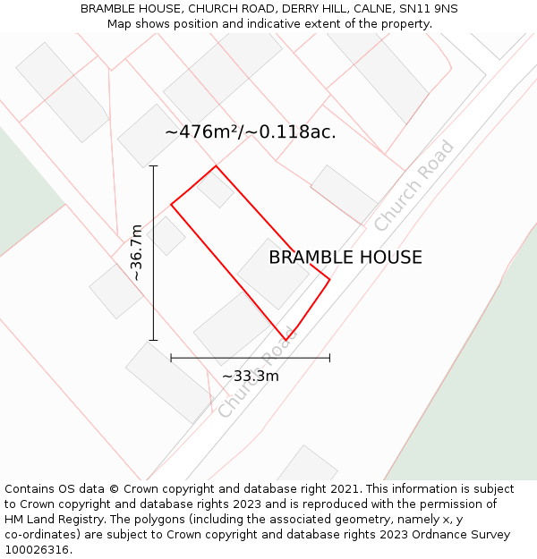 BRAMBLE HOUSE, CHURCH ROAD, DERRY HILL, CALNE, SN11 9NS: Plot and title map